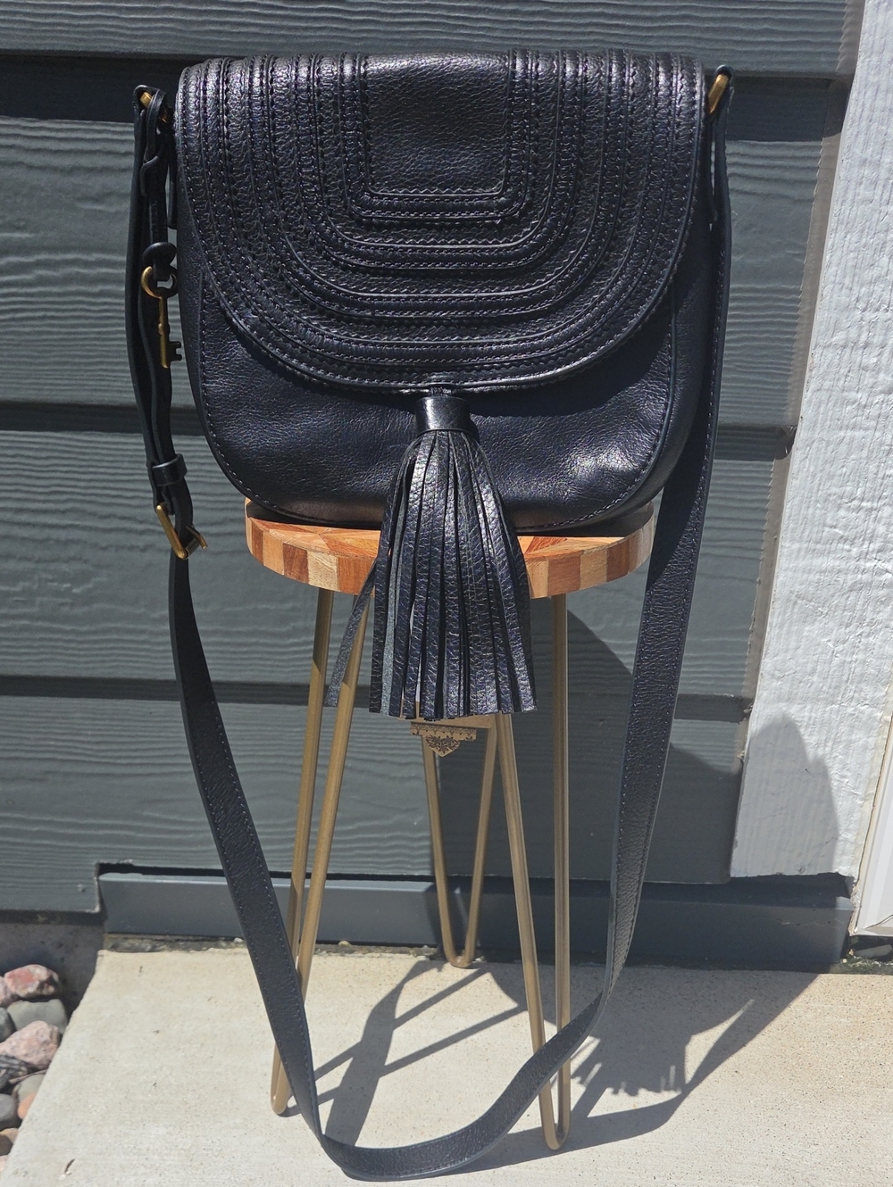 Fossil Black Leather Crossbody with Tassel Accent